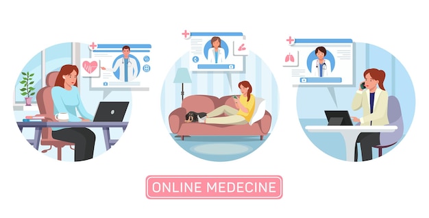 Set di illustrazioni di belle ragazze che selezionano un medico attraverso piattaforme online