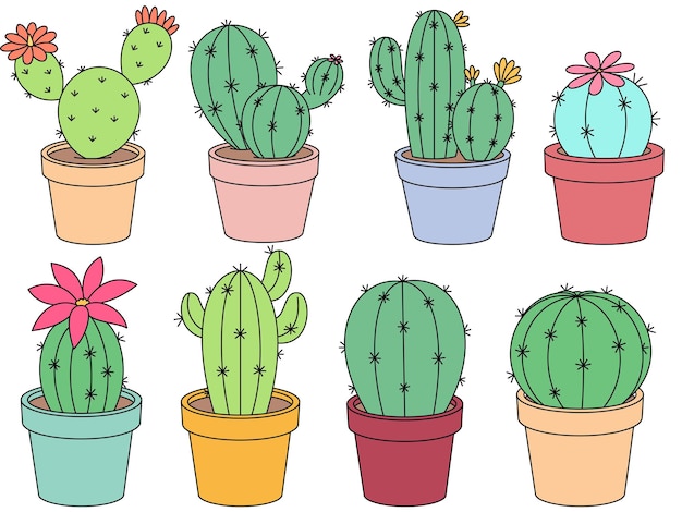 Set di illustrazioni di cactus Pagina da colorare schizzi di contorni di piante Elementi estivi
