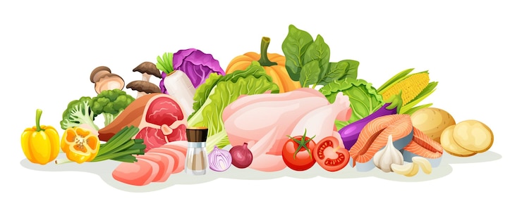 Vettore set di illustrazioni di carne e verdura. fumetto di vettore di cibo sano