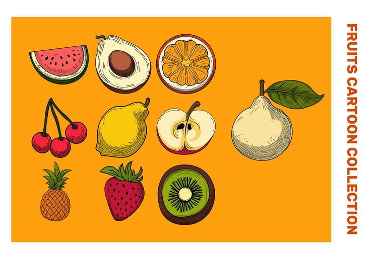 Vettore set di illustrazioni di cartoni animati di frutta