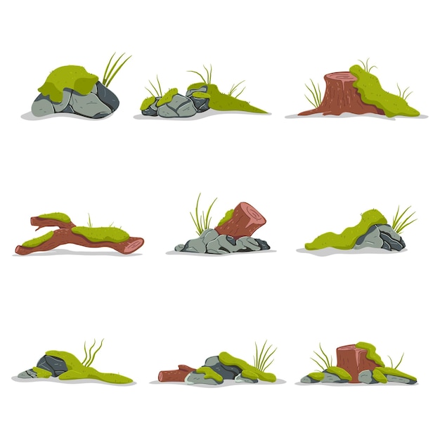 Set di illustrazioni di cartoni animati vettoriali di tronchi di legno, tronchi di alberi, rocce e pietre con muschio e erba
