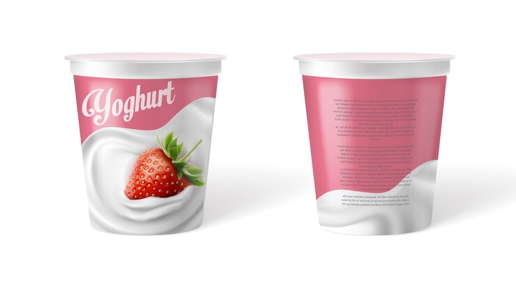 Vettore set di illustrazioni di icone vettoriali realistiche contenitore di yogurt cremoso per l'imballaggio delle fragole greche