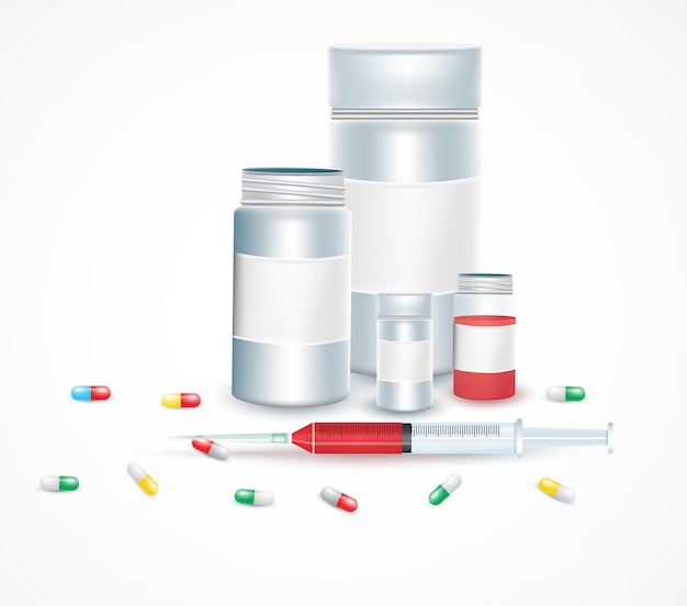 Set di illustrazioni di siringa medica. Iniezione di droga medica, vaccino per cure e cure.