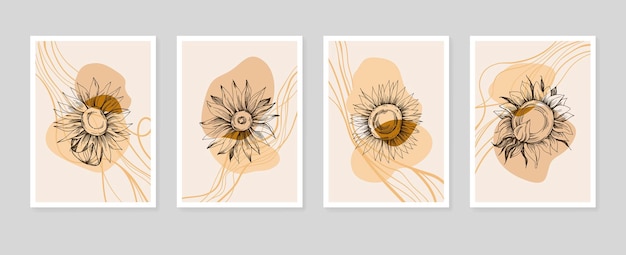 Set di illustrazioni dipinte a mano di girasole astratte per la decorazione della parete fiore minimalista in stile schizzo