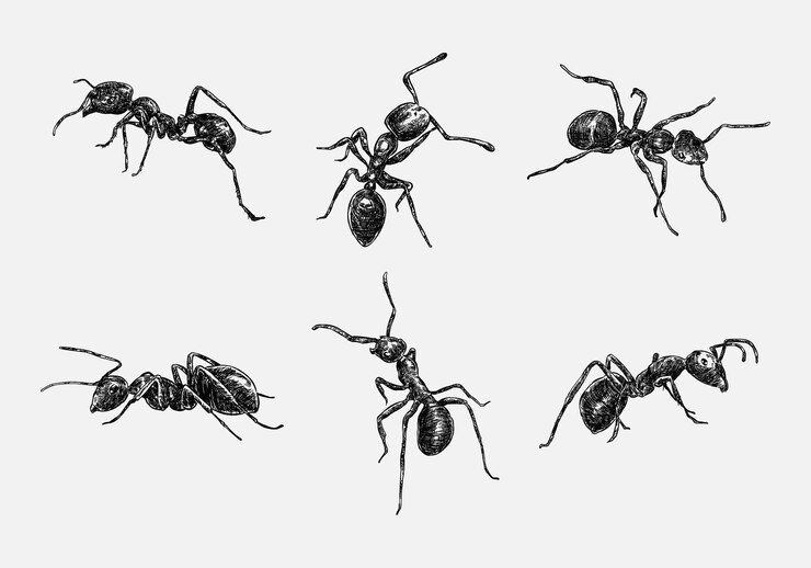 Vettore set di illustrazioni disegnate a mano di un disegno realistico di uno schizzo di formiche in bianco e nero con differenze