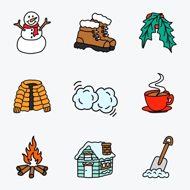Set di illustrazioni Disegno a mano icone invernali