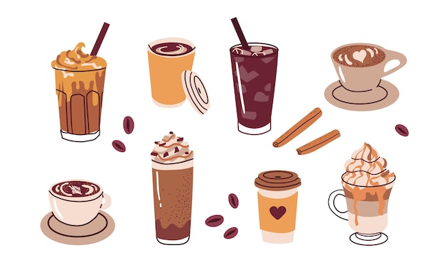 Set di illustrazioni minimalistiche di tazze di caffè isolate su sfondo bianco Bevanda di caffè calda e fredda Espresso americano tazza cappuccino e latte in bicchiere Illustrazione vettoriale piatta