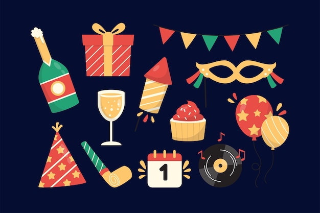 Set di illustrazioni per adesivi di Capodanno