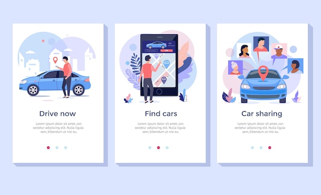 Set di illustrazioni per il concetto di car sharing, perfetto per banner, app mobile, landing page