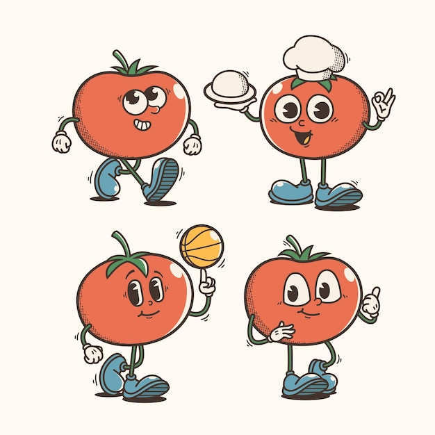 Set di illustrazioni tradizionali di cartoni animati di pomodoro con varie pose ed espressioni
