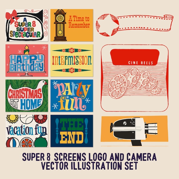 Set di illustrazioni vettoriali con logo Super p screens e fotocamera