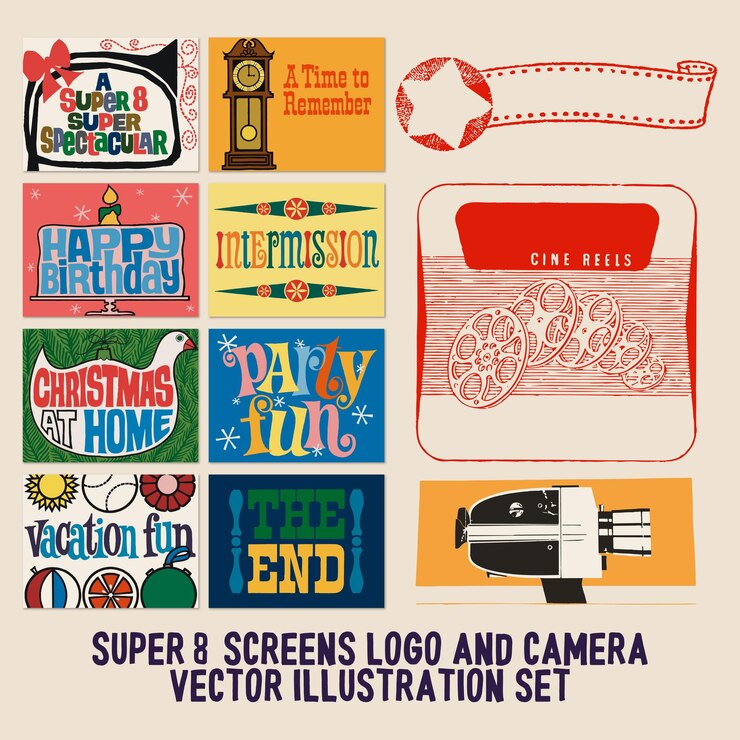 Vettore set di illustrazioni vettoriali con logo super p screens e fotocamera