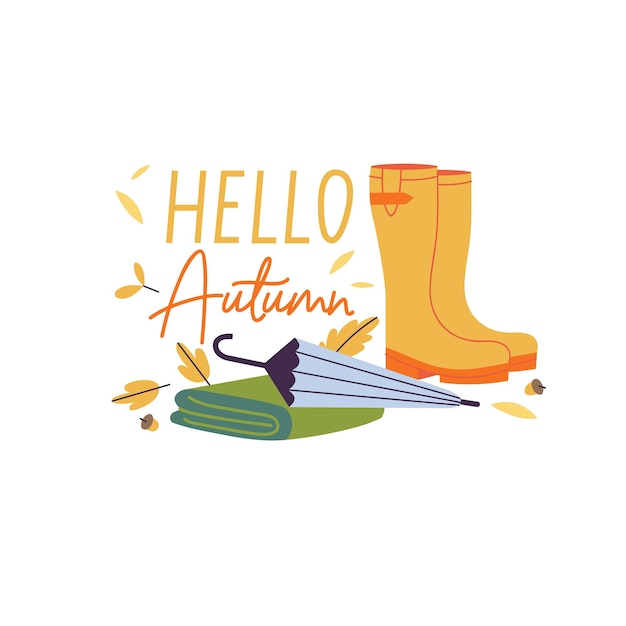 Set di illustrazioni vettoriali di accessori autunnali stivali di gomma e un ombrello con una sciarpa Scritte autunnali