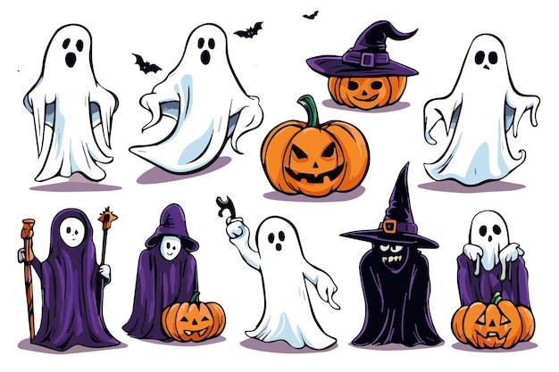 Set di illustrazioni vettoriali di Halloween fantasmi e zucche con pipistrelli su sfondo bianco schizzo