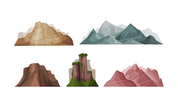 Set di illustrazioni vettoriali di montagne rosa grigio-marrone su sfondo bianco