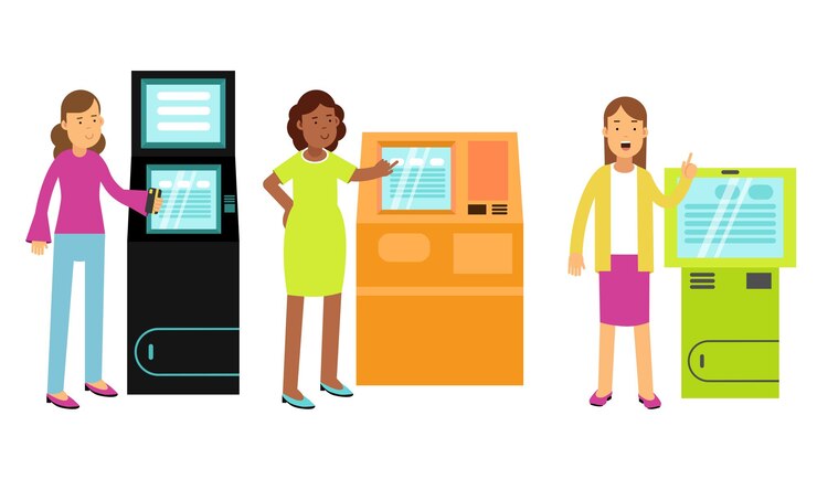 Vettore set di illustrazioni vettoriali di persone e caratteri che utilizzano terminali elettronici self-service e atm