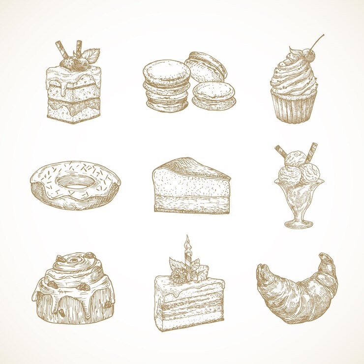 Set di illustrazioni vettoriali di scarabocchio disegnato a mano di dolci da dessert. Collezione di disegni per torte, ciambelle, gelati, macarons e croissant. Isolato.