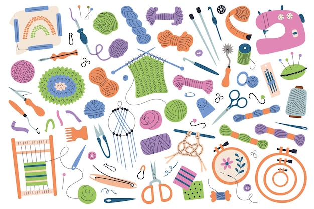 Set di illustrazioni vettoriali di utensili e materiali da cucito in stile cartone animato piatto colorato