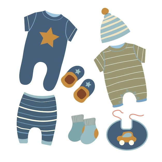 Set di illustrazioni vettoriali di vestiti per bambini per un ragazzo. Icone piane del vestito del neonato. Ragazzino