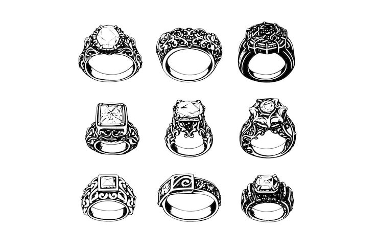 Vettore set di illustrazioni vettoriali disegnate a mano di diversi anelli di gioielli in stile inciso vintage
