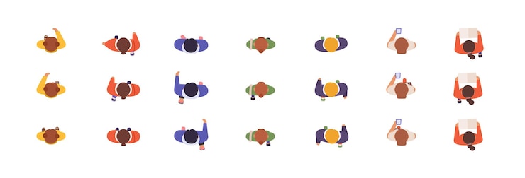 Vettore set di illustrazioni vettoriali piatte con vista dall'alto di modelli di persone. pose di animazione, sviluppo di giochi online, concetto di creazione di personaggi. campioni virtuali di uomini e donne isolati su sfondo bianco.