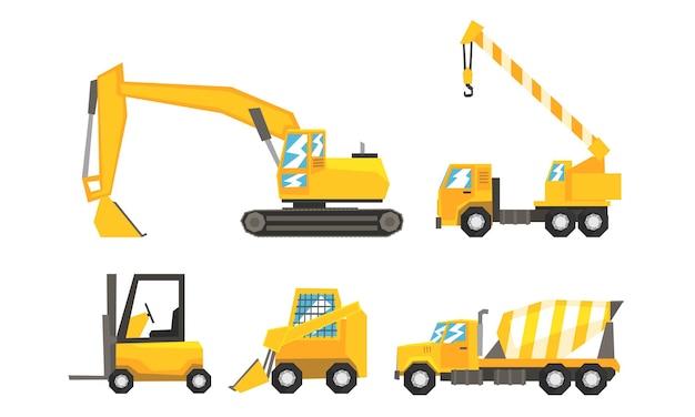 Set di illustrazioni vettoriali piatte per i tipi di trasporto industriali utilizzati su strada o in opere costruttive
