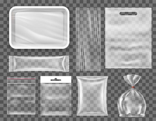 Set di imballaggi per alimenti in plastica vuota trasparente, mockup di produzione snack.