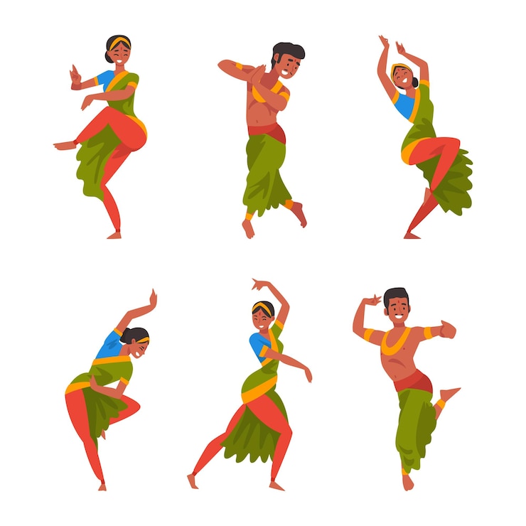 Vettore set di indiani che eseguono una danza tradizionale vestiti con abiti nazionali illustrazione vettoriale di cartoni animati