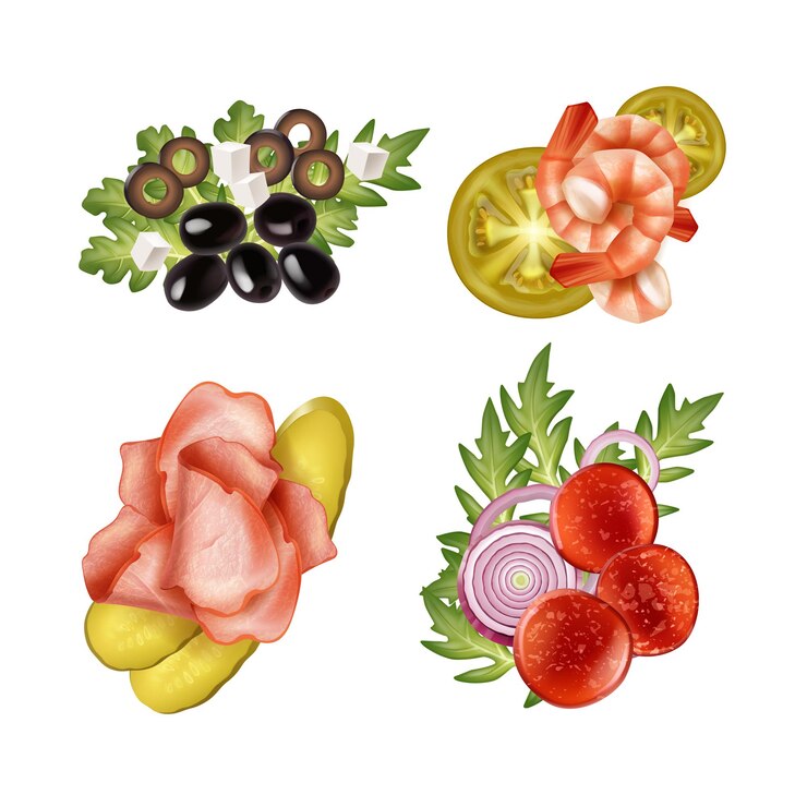 Vettore set di ingredienti per farciture di pizze