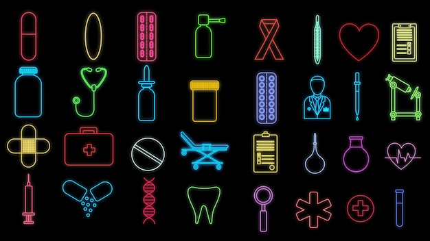 Set di insegne al neon mediche multicolori luminose e luminose per un negozio di farmacia o un ospedale scientifico