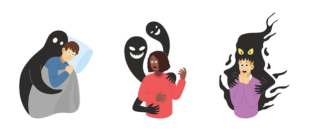 Set di instabilità psicologica Collezione di fobie Persone che soffrono di problemi mentali Illustrazione in stile piatto
