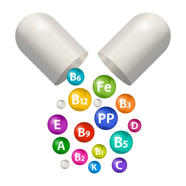 Set di integratori vitaminici per capsule. Complesso multivitaminico di bolle 3d per la salute. Vitamina A, B1, B2, B3, B5, B6, B9, B12, C, D, E, K, PP.