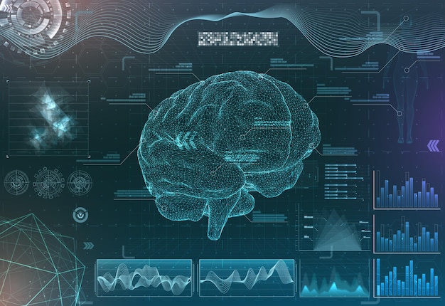 set di interfacce per la ricerca sul cervello, immagini di risonanza magnetica funzionale hud nei toni del blu