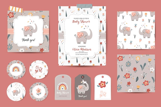 Set di inviti per baby shower, biglietti di ringraziamento, tag e modelli senza cuciture. Modelli con simpatici elefanti