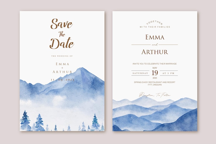set di invito a nozze con acquerello aquarelle blu paesaggio di montagna