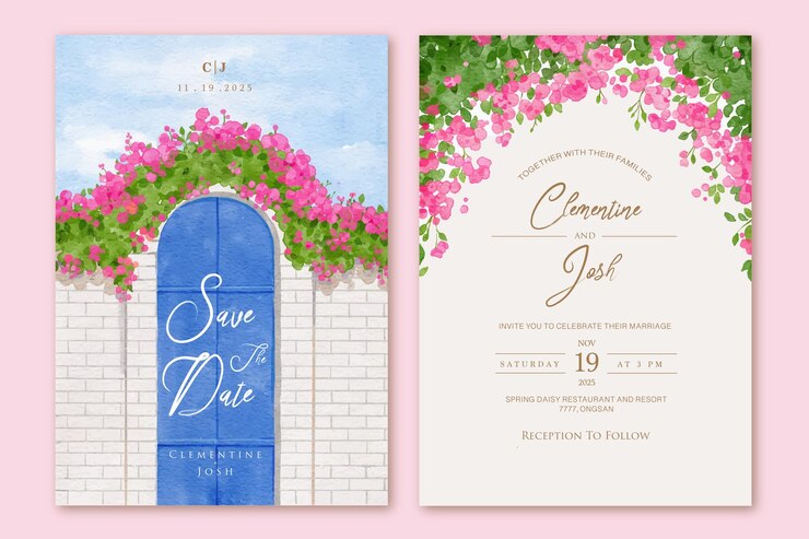 Set di invito a nozze con fiore di bouganville rosa primavera acquerello disegnato a mano Santorini indietro