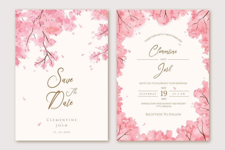 Set di invito a nozze con sfondo di alberi di foglie rosa acquerello