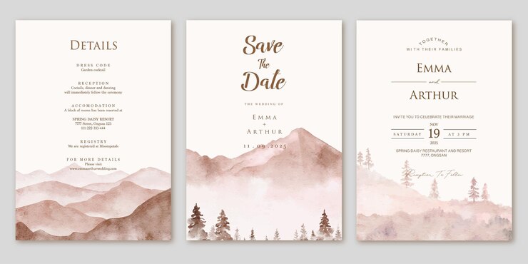 Set di invito a nozze con sfondo paesaggio di montagna dell'acquerello