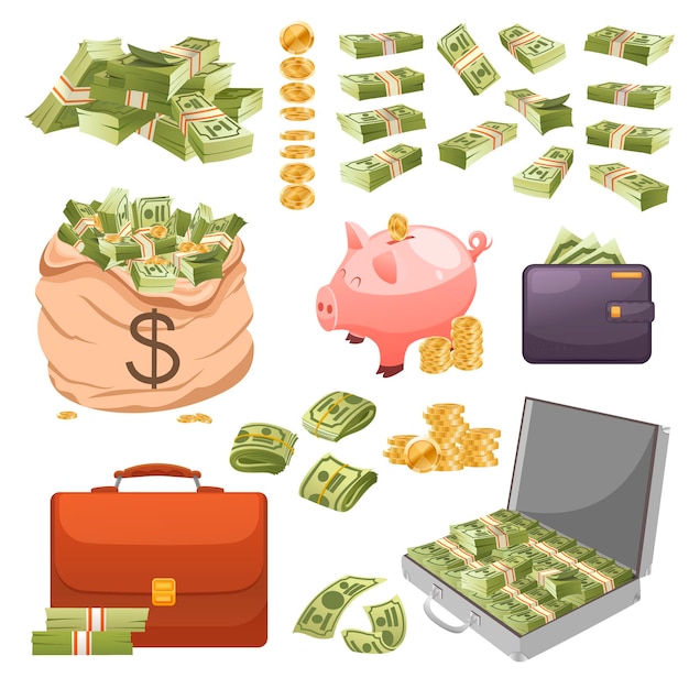 Set di isolate rosa salvadanaio in contanti monete d'oro portafoglio pieno nero valigia grigia aperta con borsa di dollari di mazzette di denaro di banconote e valigetta in pelle su sfondo bianco illustrazione vettoriale