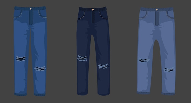 Set di jeans casual blu pantaloni abbigliamento denim di moda isolato sullo sfondo Vettore