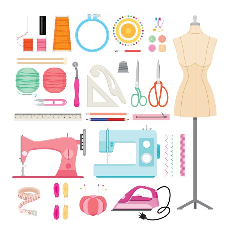 Vettore set di kit da cucito, strumenti di ricamo e accessori