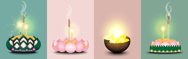 Set di Krathong Vector Collezione di Krathong fatti a mano in stile diverso per il Loy Krathong Festival
