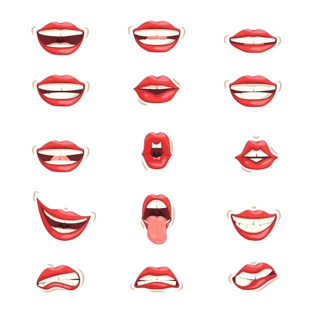 Set di labbra femminili rosse con diverse espressioni emotive.