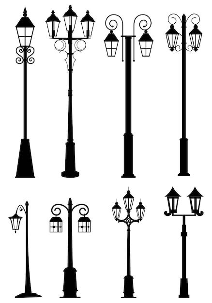 Set di lampade di strada silhouette Vintage Street Light Vector Illustration Isolato su sfondo bianco