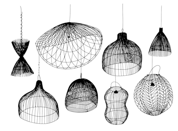 Set di lampade in rattan in stile doodle Illustrazione vettoriale in bianco e nero