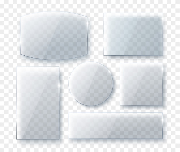 Set di lastre di vetro trasparente realistico. lastre di vetro di diverse forme. Texture di vetro con shado