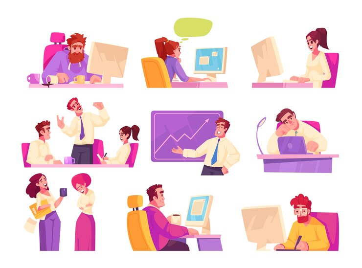 Vettore set di lavoro per ufficio di cartoni animati disegnati a mano