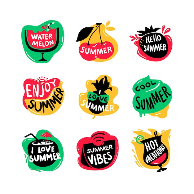 set di lettere con Hello Summer, Watermelon e Hot Vacations Tipografia isolato su bianco