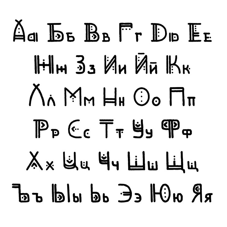 Vettore set di lettere dell'alfabeto cirillico etnico di vettore. lettere maiuscole e minuscole russe in autentico stile indigeno.