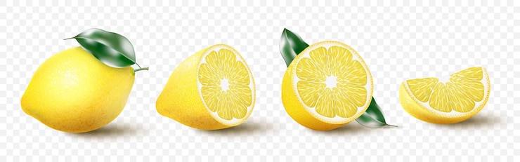 Vettore set di limone realistico con foglia verde, intera e affettata, frutta fresca acida, buccia gialla brillante, illustrazione 3d di vettore di limoni isolato su priorità bassa bianca. succosa raccolta di agrumi maturi.